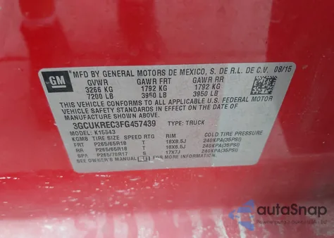 2015 Chevrolet Silverado 1500 2Lt z USA, uszkodzony, nr VIN 3GCUKREC3FG457439